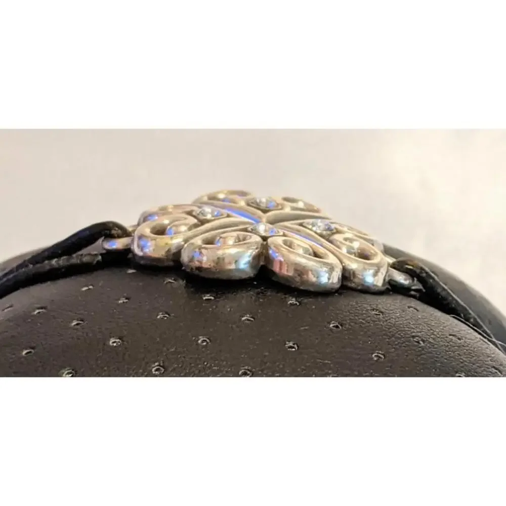 Brighton Alcazar Heart Bracelet Silver Plated Clear Crystals Black Leather 7-8